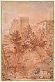 Landscape with a Large Villa on a Hilltop, Charles Joseph Natoire (French, Nîmes 1700–1777 Castel Gandolfo), Red chalk, pen and brown ink, gray wash, over traces of black chalk for the figures and animals, heightened with white.  Sheet composed of three sections joined together horizontally.