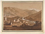 Town in an Alpine Valley, Victor Jean Nicolle (French, Paris 1754–1826 Paris), Pen and brown ink, brush and brown, blue-gray and reddish washes, heightened with white and blue gouache over graphite