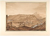 Village in an Alpine Valley, Victor Jean Nicolle (French, Paris 1754–1826 Paris), Pen and brown ink, brush and brown and red-brown wash, pale blue gouache, heightened with white, over graphite