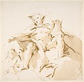 Apollo Seated on Clouds, Two Figures at Left, Giovanni Battista Tiepolo (Italian, Venice 1696–1770 Madrid), Pen and brown ink, brush with pale and dark brown wash, over black chalk