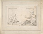 Illustration for a Book:  Frontispiece with a Female Allegorical Figure (Religion?) and a Putto, Giovanni Battista Tiepolo (Italian, Venice 1696–1770 Madrid), Black chalk, reworked with traces of red chalk.  Horizontal and vertical centering lines ruled in faint black chalk