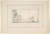 Illustration for a Book:  Soldier in front of "General" Holding up a Decapitated Head on a Staff, Giovanni Battista Tiepolo (Italian, Venice 1696–1770 Madrid), Black chalk.   Horizontal and vertical centering lines ruled in faint black chalk