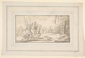 Illustration for a Book:  Troops Advancing toward a City Gate, Giovanni Battista Tiepolo (Italian, Venice 1696–1770 Madrid), Graphite or black chalk.  Horizontal and vertical centering lines and another vertical line in graphite or black chalk ruled at 1 cm to the left border