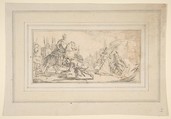 Illustration for a Book:  Soldiers Surrendering to an Emperor, with a City in the Background, Giovanni Battista Tiepolo (Italian, Venice 1696–1770 Madrid), Black chalk.   Horizontal and vertical centering lines ruled in faint black chalk
