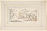 Illustration for a Book:  Keys of a City Offered to a Procession of Cardinals Headed by a Riderless Horse, Giovanni Battista Tiepolo (Italian, Venice 1696–1770 Madrid), Black chalk.   Horizontal and vertical centering lines ruled in faint black chalk