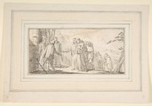 Illustration for a Book:  Reception of Monks at a City Gate, Giovanni Battista Tiepolo (Italian, Venice 1696–1770 Madrid), Black chalk.   Horizontal and vertical centering lines ruled in faint black chalk