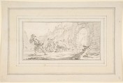 Illustration for a Book:  Inhabitants Leaving a Conquered City, Giovanni Battista Tiepolo (Italian, Venice 1696–1770 Madrid), Black chalk.   Horizontal and vertical centering lines ruled in faint black chalk
