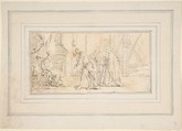Illustration for a Book:  Queen of Port City Receiving Envoys, Giovanni Battista Tiepolo (Italian, Venice 1696–1770 Madrid), Black chalk, reworked with traces of red chalk.   Horizontal and vertical centering lines ruled in faint black chalk