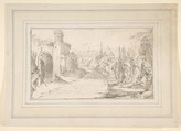 Illustration for a Book:  Meeting Between Two Generals (?) before a Fortified Town, Giovanni Battista Tiepolo (Italian, Venice 1696–1770 Madrid), Black chalk.   Horizontal and vertical centering lines ruled in faint black chalk