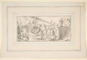 Illustration for a Book:  Bishops and Monks Being Received at a Ship by a Venerable Dignitary, Giovanni Battista Tiepolo (Italian, Venice 1696–1770 Madrid), Black chalk.   Horizontal and vertical centering lines ruled in faint black chalk