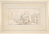 Illustration for a Book:  Pope Handing a Banner to a Crusader, with Ships in the Background, Giovanni Battista Tiepolo (Italian, Venice 1696–1770 Madrid), Black chalk.   Horizontal and vertical centering lines ruled in faint black chalk