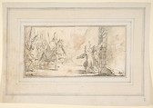 Illustration for a Book:  Reception of a Bishop Leading an Army at a City Gate, Giovanni Battista Tiepolo (Italian, Venice 1696–1770 Madrid), Black chalk.   Horizontal and vertical centering lines ruled in faint black chalk