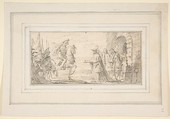 Illustration for a Book:  Cardinal Receiving a General at a City Gate, Giovanni Battista Tiepolo (Italian, Venice 1696–1770 Madrid), Black chalk.   Horizontal and vertical centering lines ruled in faint black chalk