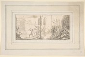 Illustration for a Book:  Siege of a City, Giovanni Battista Tiepolo (Italian, Venice 1696–1770 Madrid), Black chalk.   Horizontal and vertical centering lines ruled in faint black chalk