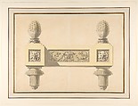 Design for Andirons, Jean Louis Prieur le Jeune (French, Paris 1759–1795 Paris), Pen and black ink, brush and gray, yellow and green wash over graphite underdrawing; on two joined pieces of paper