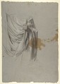 Drapery Study for Saint Remi (middle register; study for wall paintings in the Chapel of Saint Remi, Sainte-Clotilde, Paris, 1858), Isidore Pils (French, Paris 1813/15–1875 Douarnenez), Black chalk, stumped, heightened with white chalk, on gray paper.  Large brown stain.