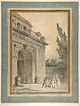Visitors leaving a prison, Hubert Robert (French, Paris 1733–1808 Paris), Pen and dark gray ink, brush and gray wash with watercolor over black chalk underdrawing; framing lines in pen and brown ink