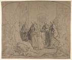 Funeral of François Duplessis de Mornay, Jean Restout le jeune (French, Rouen 1692–1768 Paris), Black chalk, heightened with white chalk, on light brown paper,  incised for transfer;  verso darkened with black chalk