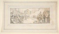 Illustration for a Book:  Figures in Conversation in a Garden, Giovanni Battista Tiepolo (Italian, Venice 1696–1770 Madrid), Black chalk.   Horizontal and vertical centering lines ruled in faint black chalk