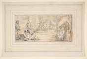 Illustration for a Book:  Booty Presented to Three Dignitaries, Giovanni Battista Tiepolo (Italian, Venice 1696–1770 Madrid), Graphite or black chalk.   Horizontal and vertical centering lines ruled in faint graphite or black chalk