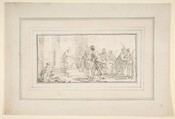 Illustration for a Book:  Scene of Peacemaking, Giovanni Battista Tiepolo (Italian, Venice 1696–1770 Madrid), Black chalk.   Horizontal and vertical centering lines ruled in faint black chalk