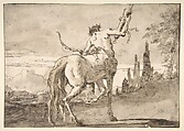 Centaur Holding Up a Quiver, Giovanni Domenico Tiepolo  Italian, Pen and dark brown ink, brush and gray-brown wash, over black chalk; framing lines in pen and brown ink