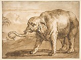 Elephant in a Landscape, Giovanni Domenico Tiepolo (Italian, Venice 1727–1804 Venice), Pen and brown ink, brush and brown wash, over black chalk; framing lines in pen and brown ink at left, right, and upper borders