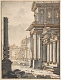 Façade and Ruins, Mauro Antonio Tesi  Italian, Pen and brown ink, brush and gray wash