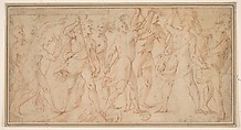 Procession of figures, Carlo Urbino (Italian, Crema ca. 1510/20–after 1585 Crema), Pen and brown ink, brush and pale brown wash, over red chalk