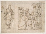 The Visitation of the Virgin to Saint Elizabeth; King Solomon in a Niche at Left., Carlo Urbino (Italian, Crema ca. 1510/20–after 1585 Crema), Pen and brown ink, over black chalk.  Framing lines in black chalk and pen and brown ink