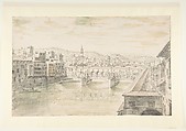 View of the Ponte Vecchio, Florence, Israel Silvestre (French, Nancy 1621–1691 Paris), Brush and green, brown and gray wash over black chalk and graphite