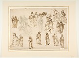 Figure Studies: Standing and Kneeling Clerics and Religious, Adam and Eve, and a Reclining Skeleton, Francesco Vanni (Italian, Siena 1563–1610 Siena), Pen and brown ink, brush and brown wash, black chalk