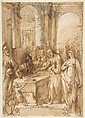 Esther and Mordecai before King Ahasuerus (Esther 8:1- 12), Giovanni de' Vecchi  Italian, Pen and brown ink, brush and brown wash, over black chalk
