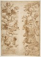 Designs for Ornamental Military Trophies (recto and verso), Formerly attributed to Enea Vico (Italian, Parma 1523–1567 Ferrara) (?), Pen and brown ink (recto and verso)