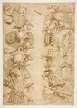Designs for Ornamental Military Trophies (recto and verso), Formerly attributed to Enea Vico (Italian, Parma 1523–1567 Ferrara) (?), Pen and brown ink (recto and verso)
