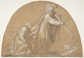 Domine, Quo Vadis, Jacopo Vignali (Italian, Pratovecchio 1592–1664 Florence), Black chalk, highlighted with white, on brown paper; cropped to the shape of a lunette