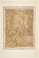 Seated Warrior Between Two Figures, Giambattista Zelotti (Italian, Verona 1526–1578 Mantua) (?), Pen and brown ink, squared in black chalk