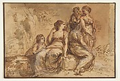 Five Young Women in a Landscape, Francesco Zuccarelli (Italian, Pitigliano 1702–1788 Florence), Pen and brown ink, brush with brown and gray wash, highlighted with white gouache, over red chalk. Framing lines in pen and brown ink