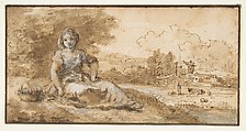 Seated Girl in a Landscape, Francesco Zuccarelli (Italian, Pitigliano 1702–1788 Florence), Pen and brown ink, brush with brown and gray wash, highlighted with white gouache, over graphite.  Framing lines in pen and brown ink
