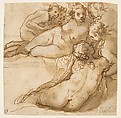 Group of Six Reclining Nude Women (Nymphs Bathing) (recto); Sketch of a Leg (verso), Taddeo Zuccaro (Italian, Sant'Angelo in Vado 1529–1566 Rome), Pen and brown ink, brush and brown wash, traces of red chalk (recto), red chalk (verso)