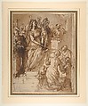 The Virgin and Child with Saint Joseph, Attendant Angels, and a Group of Supplicants, Federico Zuccaro (Zuccari) (Italian, Sant'Angelo in Vado 1540/42–1609 Ancona), Pen and brown ink, brush and brown wash, over traces of red chalk (recto); black chalk sketch of a nude male torso (verso)