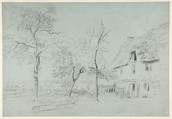 A Farmhouse with a Thatched Roof and Trees Beside a River, Constant Troyon (French, Sèvres 1810–1865 Paris), Black chalk with touches of white, on blue paper.