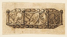 Design for an Object (Casket?) Decorated with Armorial Trophies and Foliage, Anonymous, French, 19th century French, Pen and brown ink with brown wash