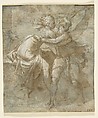 Joseph and Potiphar's Wife, Taddeo Zuccaro (Italian, Sant'Angelo in Vado 1529–1566 Rome), Pen and brown ink, brush and brown wash, highlighted with white gouache, over traces of black chalk, on blue paper; traces of framing lines in pen and brown ink along upper and right borders