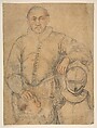 Half-Length Study of a Man Standing in Frontal View, Leaning on Armor and Accompanied by a Boy, Worshop of Federico Zuccaro (Zuccari) (Italian, Sant'Angelo in Vado 1540/42–1609 Ancona), Black and red chalk on tan paper