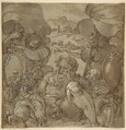 Study for the Allegory of San Gimignano and Colle Val d'Elsa, Jacopo Zucchi (Italian, Florence ca. 1540–1596 Rome), Pen and brown ink, highlighted with white gouache, traces of squaring in black chalk (on top of drawing surface), over traces of black chalk on blue paper