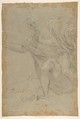 Standing Draped Male Figure, Baldassarre Franceschini (il Volterrano) (Italian, Volterra 1611–1690 Florence), Black chalk, highlighted with white, on blue-green paper, deckled edges.  Glued onto secondary paper support