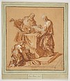 A High-Priest, the Prophetess Anna (?) and a Kneeling Boy around a Table, Anton Kern  German, Brush and red wash, heightened with white bodycolor, over graphite; framing lines in pen and black ink