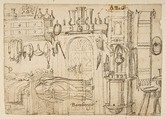 Study sheets with sketches of interiors, animals, sculpture, figures, notes, Anonymous, German, 16th century  , Bamberg (?), Pen and brown ink