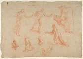 Figure and Drapery studies (recto); Three Studies of a Male Torso for the 'Coronation of Marcantonio Pasqualini' (verso), Andrea Sacchi (Italian, Rome (?) ca. 1599–1661 Rome), red and white chalk (recto), red chalk (verso) on paper